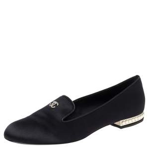 Pre Owned Chanel Navy Blue Satin Crystal Embellished CC Smoking Slippers Size 40.5