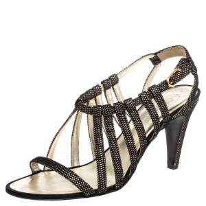 Pre Owned Chanel Black Leather And Fabric Open Toe Strappy Sandals Size 39.5