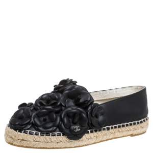 Pre Owned Chanel Black Leather CC Camellia Espadrilles Size 37 