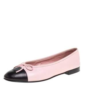 Pre Owned Chanel Pink/Black Leather Bow CC Cap Toe Ballet Flats Size 39.5