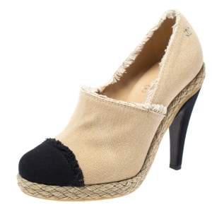 Chanel Beige/Black Canvas Cap Toe Espadrille Booties Size 37
