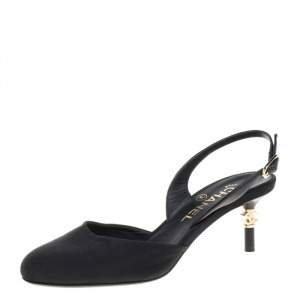 Chanel Black Canvas CC Heels Slingback Sandals Size 36
