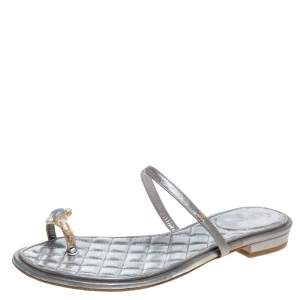 Chanel Silver Leather Enamel Embellished Toe Ring Flat Sandals Size 36