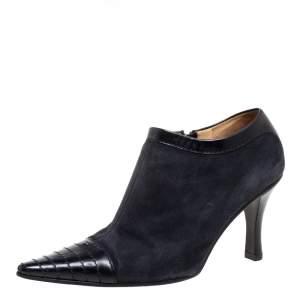 Chanel Black Suede and Leather CC Pointed Toe Ankle Booties Size 39
