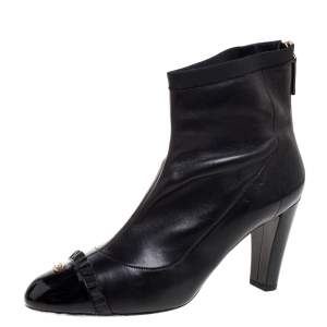 Chanel Black Leather And Patent Leather CC Cap Toe Ankle Boots Size 40