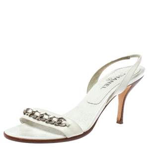Pre Owned Chanel White Leather Chain Embellished Slingback Open Toe Sandals Size 41