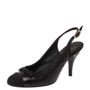 Chanel Black Leather and Fabric Cap Toe Slingback Sandals Size 36.5