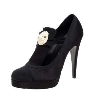 Pre Owned Chanel Black Satin CC Camellia Pumps Size 38C