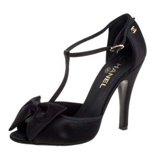 Pre Owned Chanel Black Satin Bow T Strap Open Toe Sandals Size 39.5