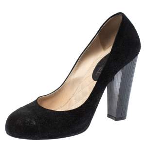 Pre Owned Chanel Black Suede Cap Toe CC Crystal Heels Pumps Size 41