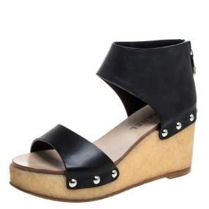 Pre Owned Chanel Black Leather Ankle Cuff Studded Platform Wedge Sandals Size 38
