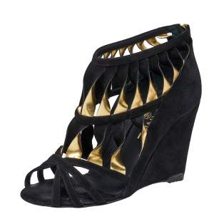 Pre Owned Chanel Black/Gold Suede Leather Strappy Wedge Sandals Size 37.5 