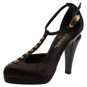 Pre Owned Chanel Black Satin Crystal Embellished T-Strap CC Platform Pumps Size 36.5 