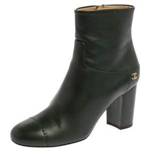 Chanel Green Leather CC Block Heel Ankle Booties Size 39.5