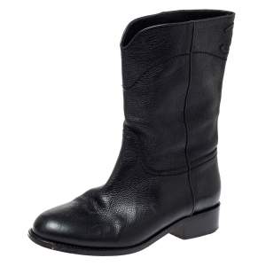 Chanel Black Leather CC Mid Length Boots Size 38