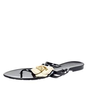 Pre Owned Chanel Black/White Camellia Flower Jelly Quilted Thong Sandals Size 41