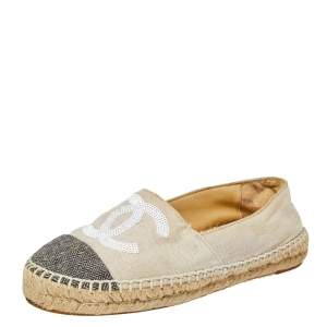 Pre Owned Chanel White/Black Canvas And Tweed Fabric Sequins Embellished CC Cap Toe Espadrilles Flats Size 37