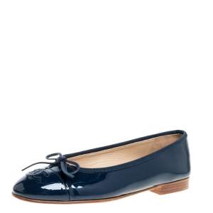 Pre Owned Chanel Blue Patent Leather Bow CC Cap Toe Ballet Flats Size 35.5