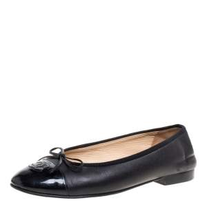Pre Owned Chanel Black Leather And Patent Leather Bow CC Cap Toe Ballet Flats Size 39