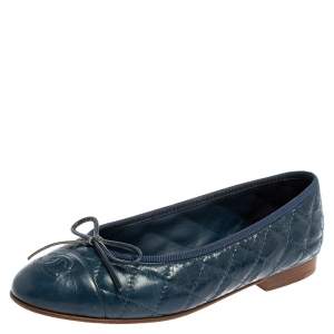 مملوكة مسبقًا Chanel Blue Quilted Leather CC Bow Ballet Flats Size 35.5