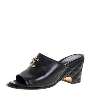 Pre Owned Chanel Black Leather Interlocking CC Mules Size 39.5