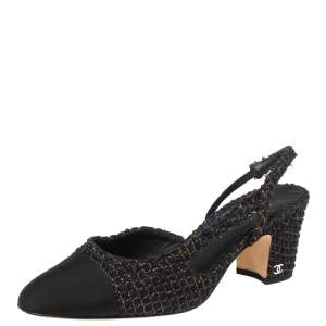 مملوكة مسبقًا Chanel Blue Tweed And Fabric CC Block Heel Sling Back Sandals Size 38.5