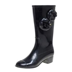 Chanel Black Rubber Camellia Rain Boots Size 38