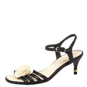 Pre Owned Chanel Black Leather Camellia Applique  Ankle Strap Sandals Size 36