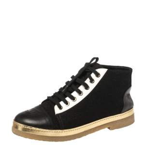 Chanel Black/Gold Lurex And Leather CC Cap Toe Ankle Boots Size 36