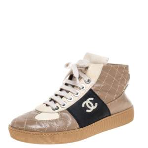 Pre Owned Chanel Tri Color Leather CC High Top Sneakers Size 36.5 
