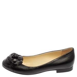 مملوكة مسبقًا  Chanel Black Leather CC Camellia Ballet Flats Size 37.5