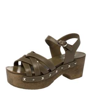 Pre Owned Chanel Olive Green Leather Embellished Criss Cross Ankle Strap Platform Clog Sandals Size 38