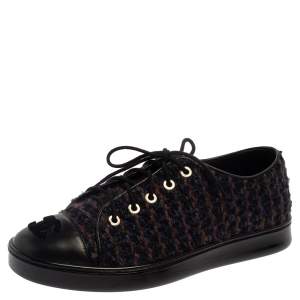 Pre Owned Chanel Multicolor Tweed And Leather CC Cap Toe Low Top Sneakers Size 36.5