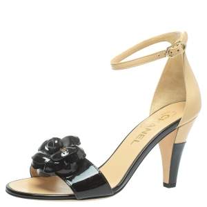 Pre Owned Chanel Black Patent Leather Camellia Ankle Strap Sandals Size 37