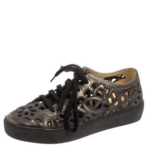 Pre Owned  Chanel Dark Grey Floral Cutout Leather CC Low Top Sneakers Size 35.5