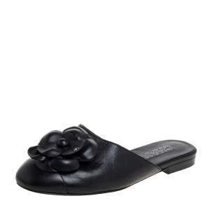 Pre Owned Chanel Black Leather Camellia Sandals Size 36.5