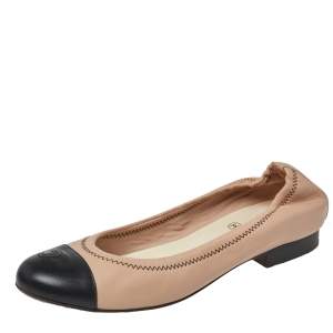 Pre Owned Chanel Beige/Black Leather CC Cap Toe Scrunch Ballet Flats Size 36