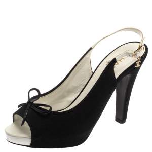 Pre Owned Chanel Black Canvas Bow Slingback Platform Sandals Size 38.5