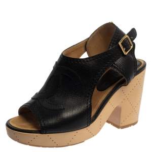 مملوكة مسبقًا Chanel Black Perforated Leather CC Slingback Clog Sandals Size 38