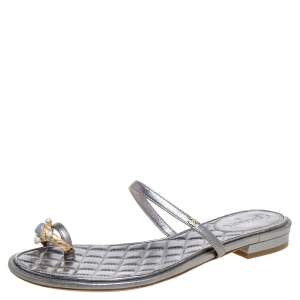 Pre Owned Chanel Silver  Leather Two-piece Embellished Sandals Size 36.5