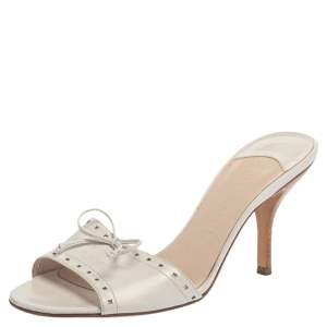 Pre Owned Chanel White Leather Bow Slide Sandals Size 38