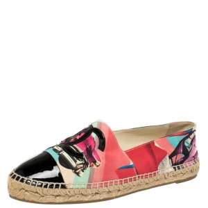 Pre Owned Chanel Multicolor Car Printed Fabric And Patent Leather CC Cap Toe Espadrilles Size 41
