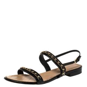 Chanel Black Leather CC Chain Detail Slingback Flat Sandals Size 41