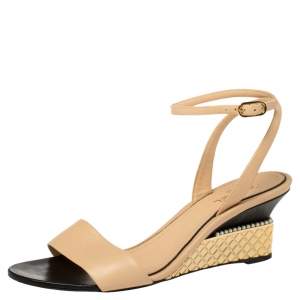 Pre Owned Chanel Beige Leather CC Pearl Embellished Ankle Wrap Sandals Size 40