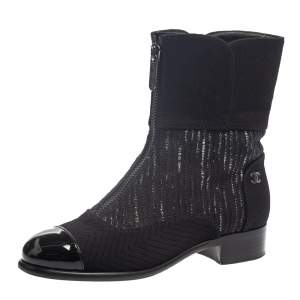 Chanel Black Tweed and Patent Leather CC Ankle Boots Size 39