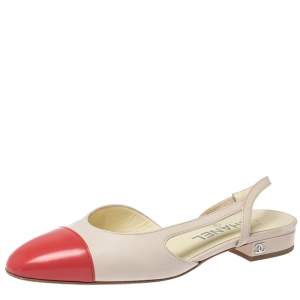 Chanel Beige/Coral Leather Cap Toe Slingback Flats Size 35.5