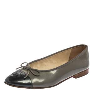 Pre Owned Chanel Olive Green Patent Leather CC Cap Toe Bow Ballet Flats Size 38