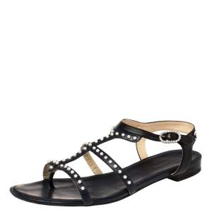 Pre Owned Chanel Blue/Black Leather Pearl Embellished Ankle Strap Flats Size 39