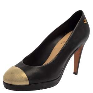 Pre Owned حذاء كعب عالى شانيل مقدمة مستديرة سى سى جلد ذهبى / أسود مقاس 38