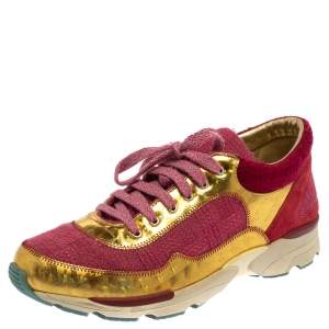 Chanel Pink/Gold Tweed and Patent Leather  CC Sneakers Size 39